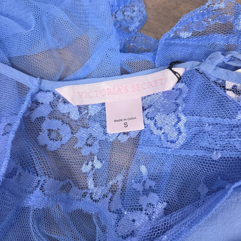 Victoria's Secret Women's S Y2K Babydoll Sheer Lace Tie Front Silk Trim Blue